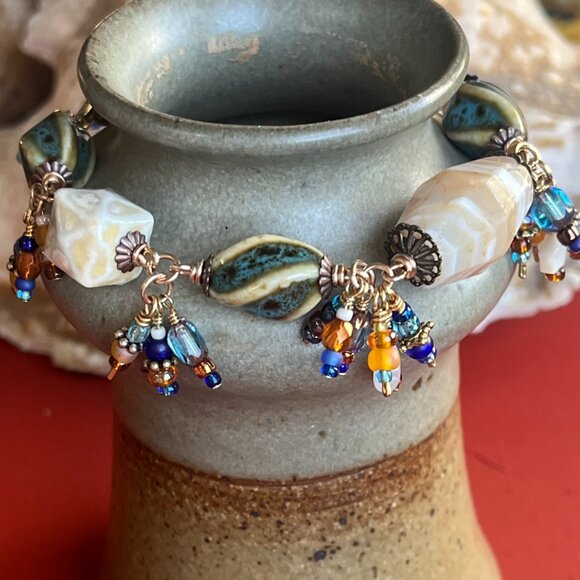 Boho Dangle Bracelet, Banded Agate Gemstone, Ceramic Beads, Wire Wrapped Dangles - Picture 2 of 15